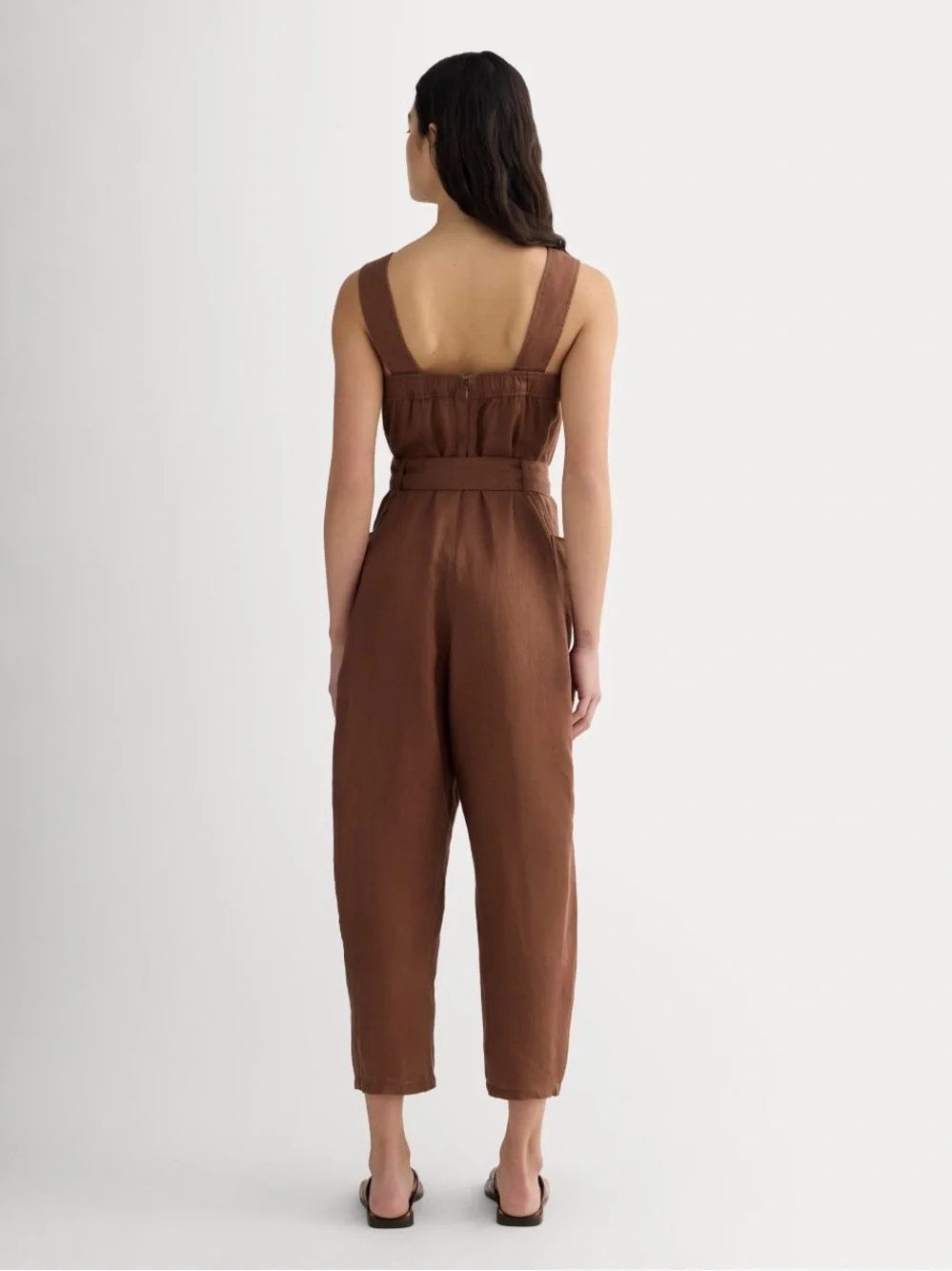 Brown Linen Blend Sleeveless Jumpsuit with Tie Waist UTILITY COVERALL